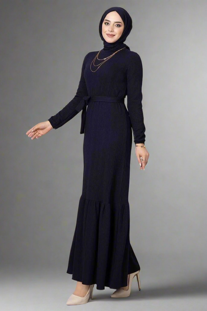 Navy Blue Ruffle Skirt Dress with Removable Belt