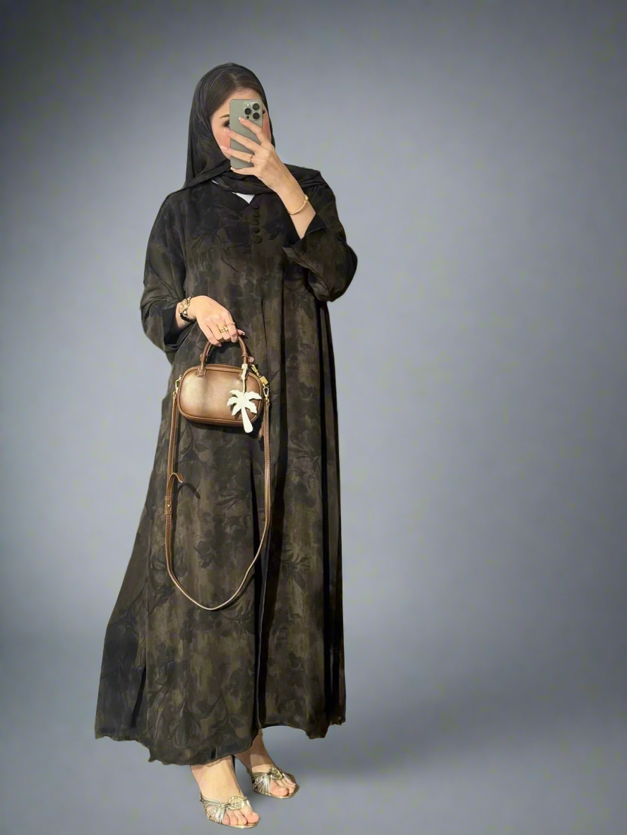 Long-Sleeved Loose-Fitting Printed Elegant Abaya with Headscarf