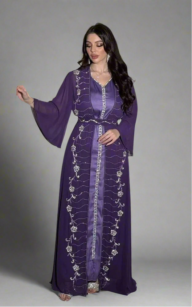 Long Sleeve Chiffon Cardigan Dress and Vest 2ps