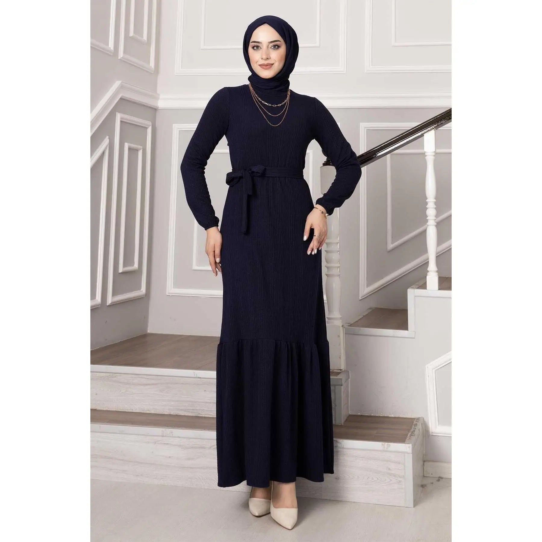 Navy Blue Ruffle Skirt Dress with Removable Belt