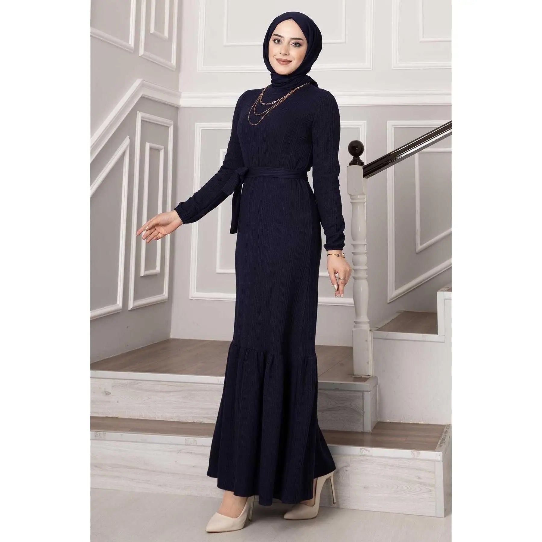 Navy Blue Ruffle Skirt Dress with Removable Belt