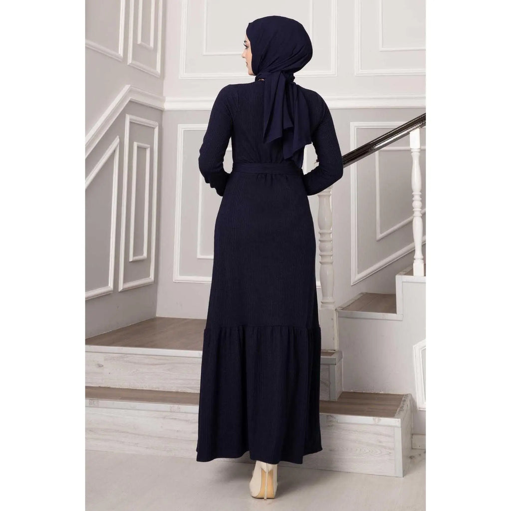 Navy Blue Ruffle Skirt Dress with Removable Belt