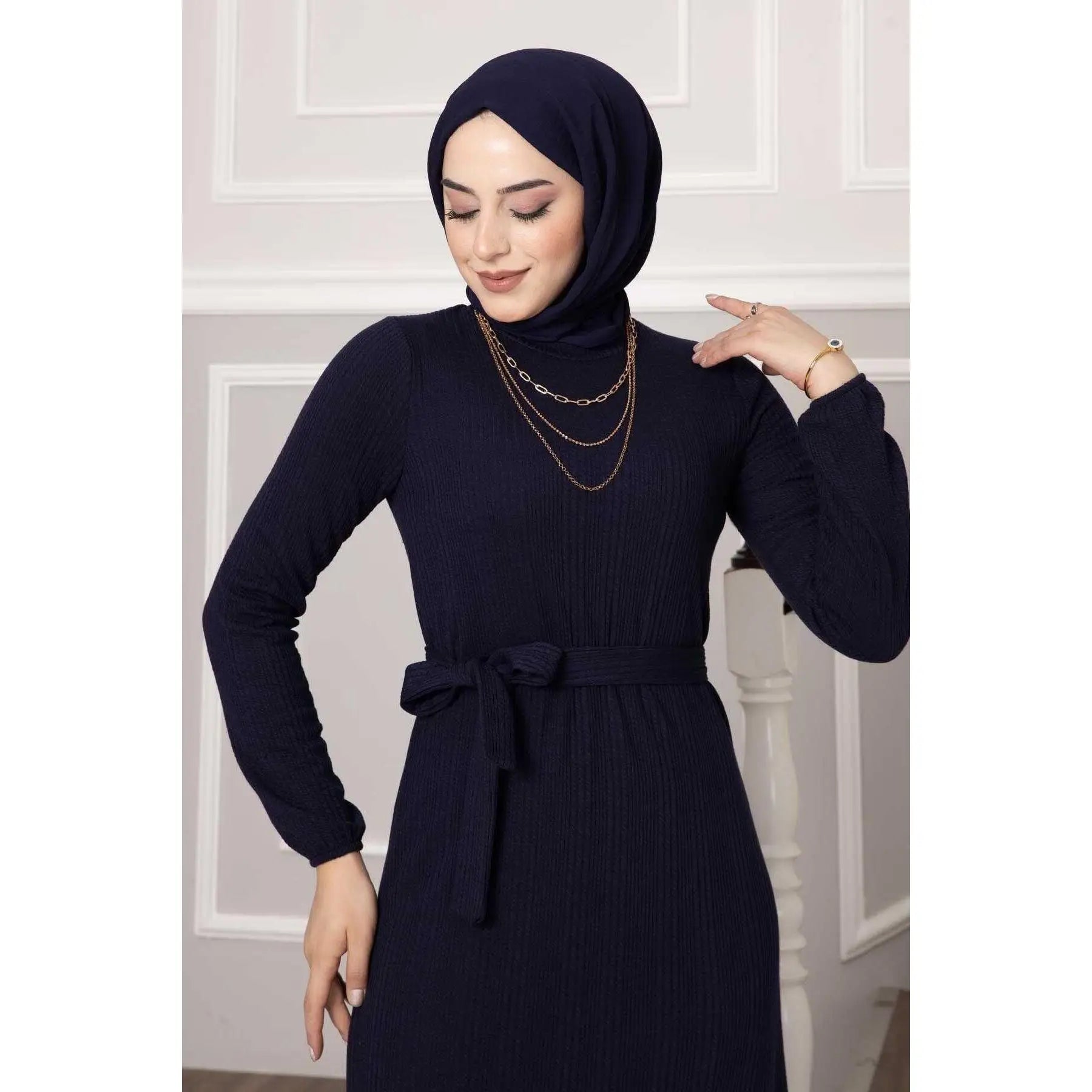 Navy Blue Ruffle Skirt Dress with Removable Belt