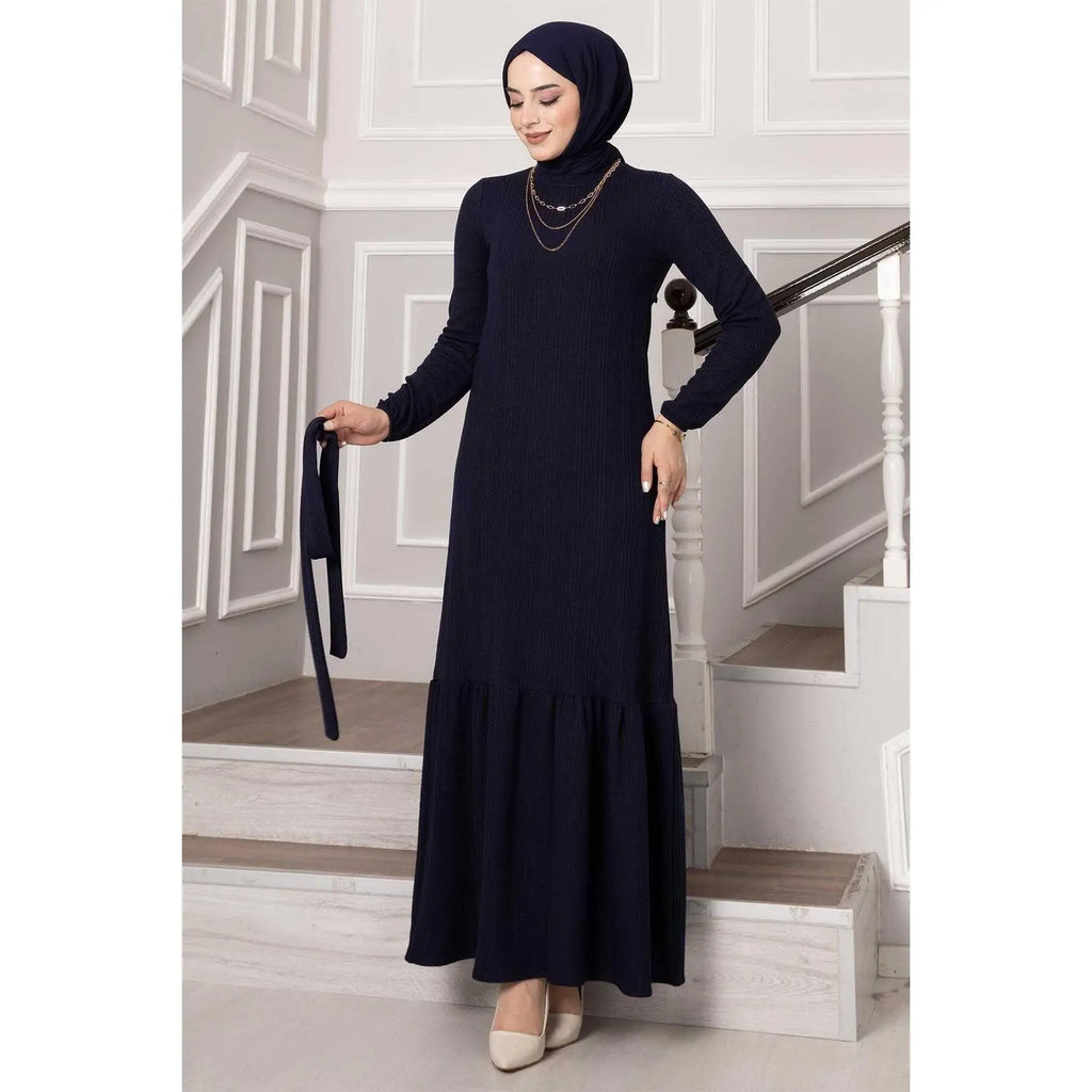 Navy Blue Ruffle Skirt Dress with Removable Belt