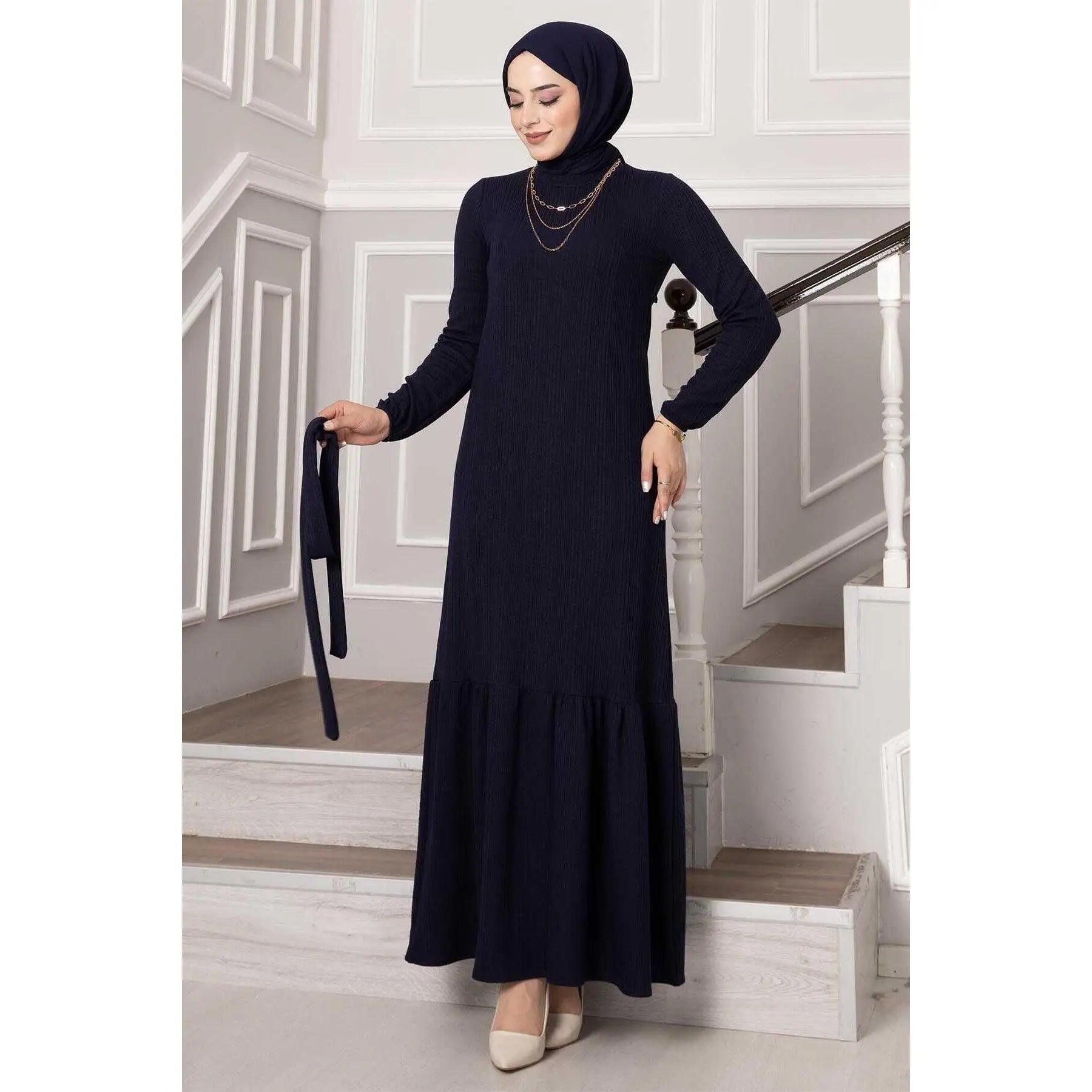 Navy Blue Ruffle Skirt Dress with Removable Belt