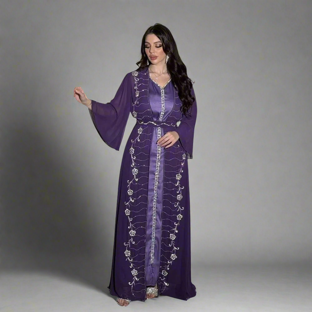 Long Sleeve Chiffon Cardigan Dress and Vest 2ps