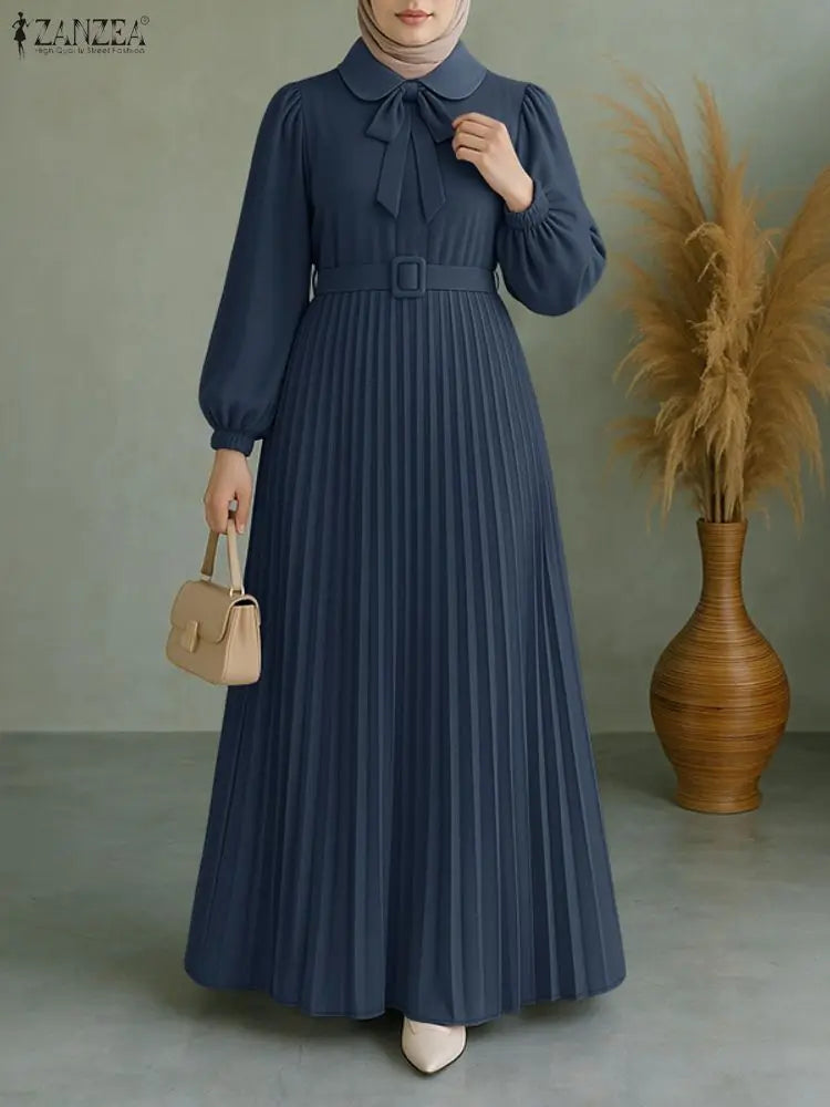 Long Lantern Sleeve Pleated Sundress Belted Robe Femme
