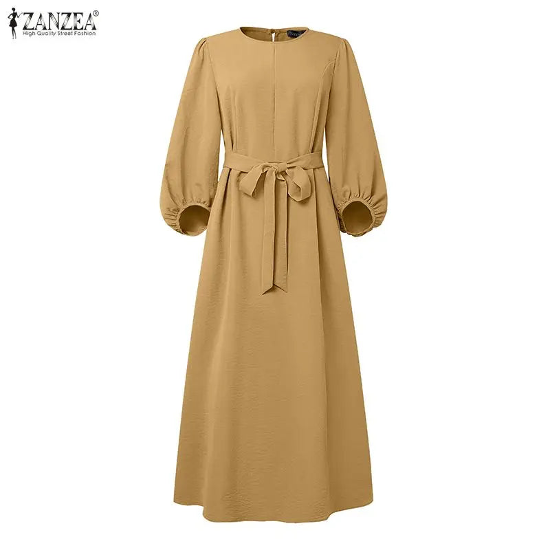 Long Dresses Modest Elegant  Sleeve Belted Crinkled Abaya