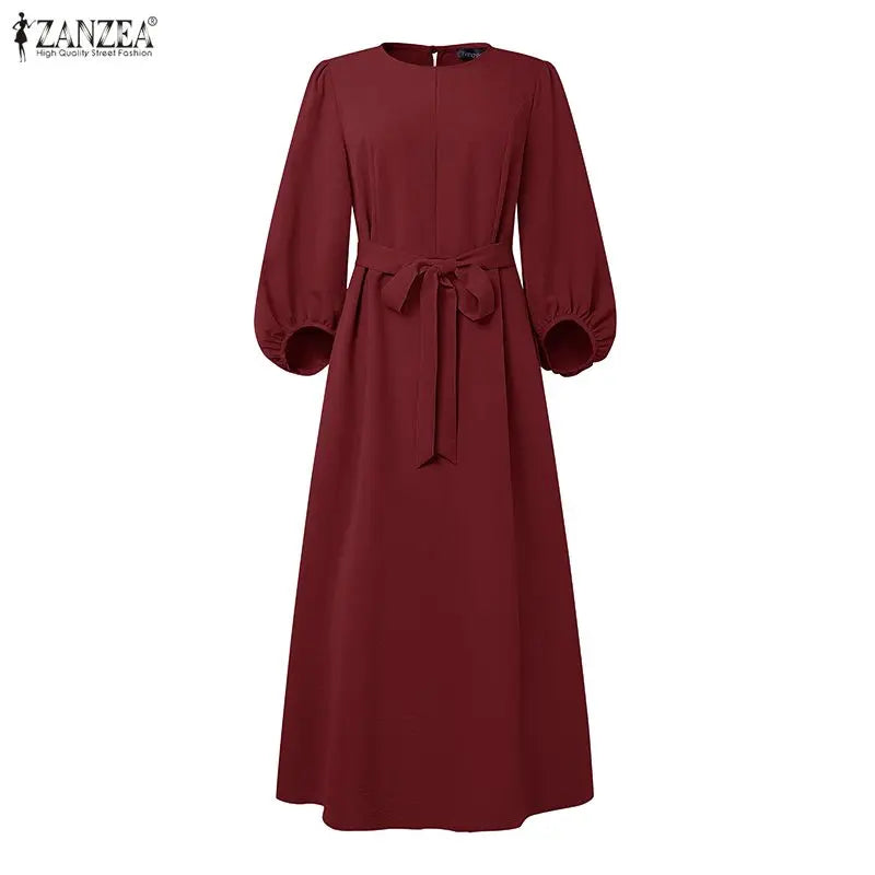 Long Dresses Modest Elegant  Sleeve Belted Crinkled Abaya