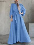 Long Dresses Modest Elegant  Sleeve Belted Crinkled Abaya