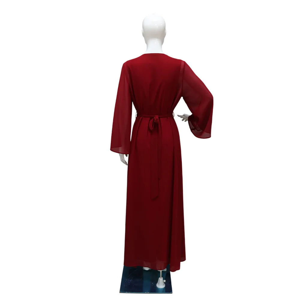 Long Sleeve Chiffon Cardigan Dress and Vest 2ps