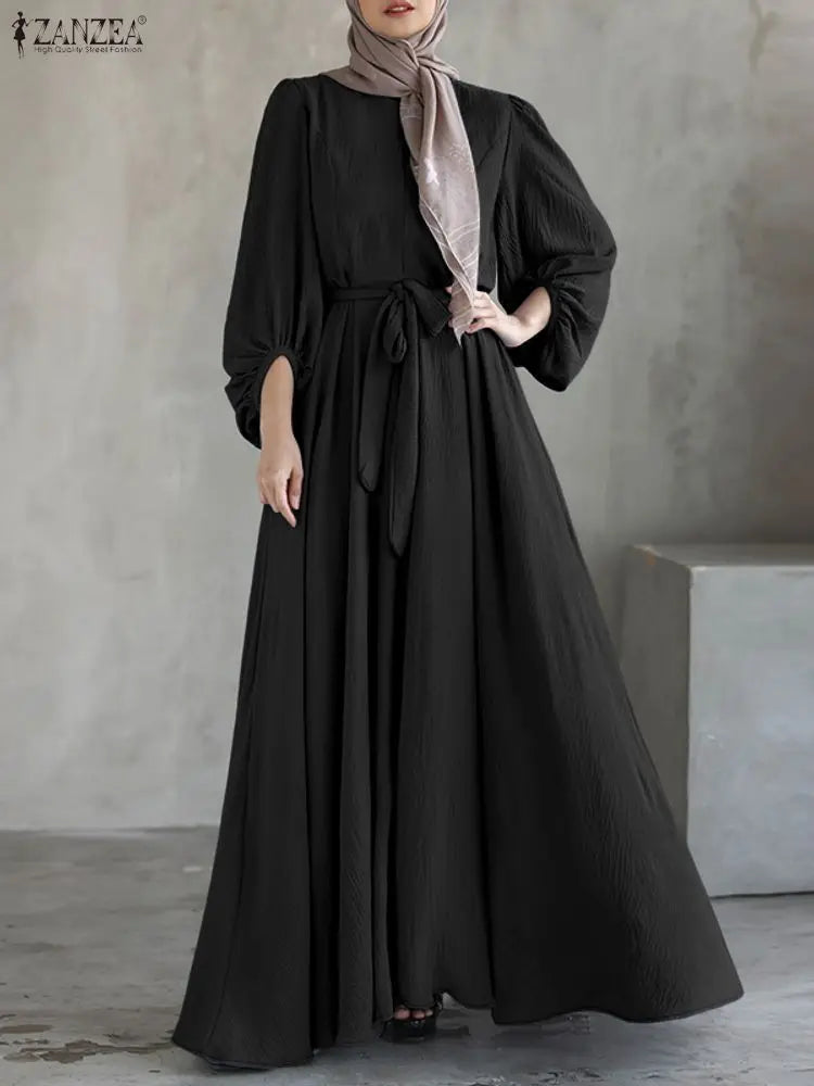 Long Dresses Modest Elegant  Sleeve Belted Crinkled Abaya