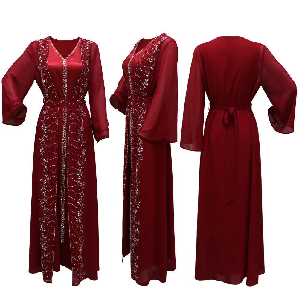 Long Sleeve Chiffon Cardigan Dress and Vest 2ps