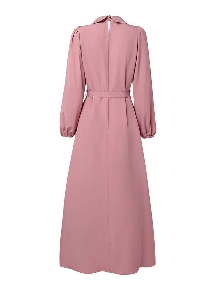Long Lantern Sleeve Pleated Sundress Belted Robe Femme
