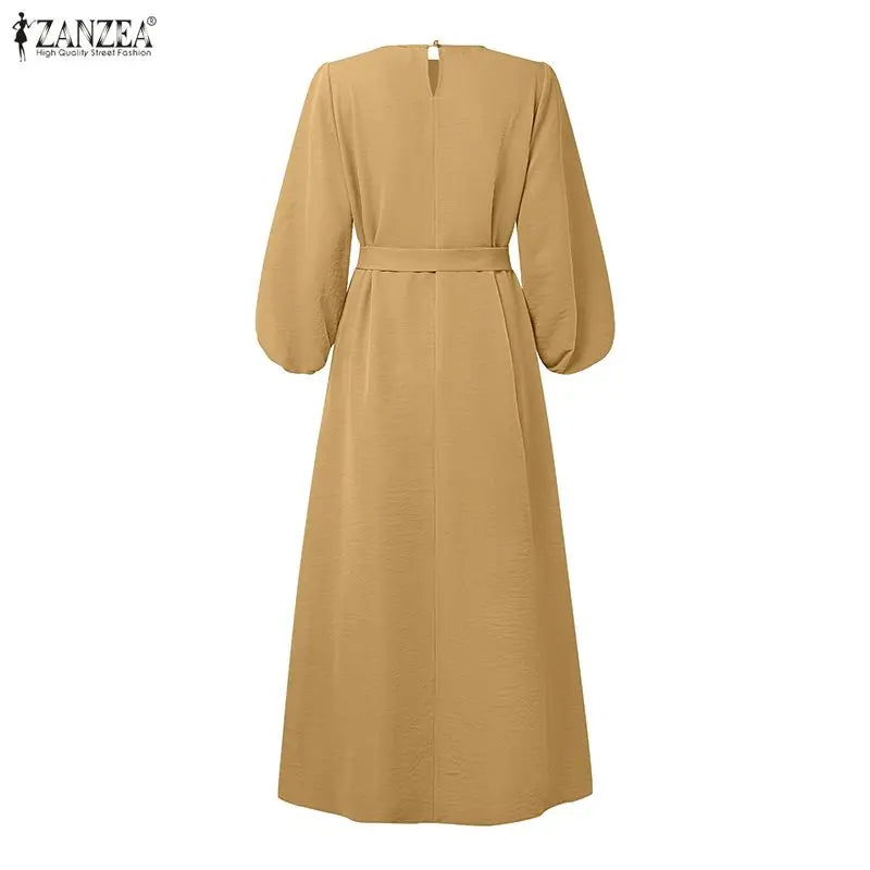 Long Dresses Modest Elegant  Sleeve Belted Crinkled Abaya