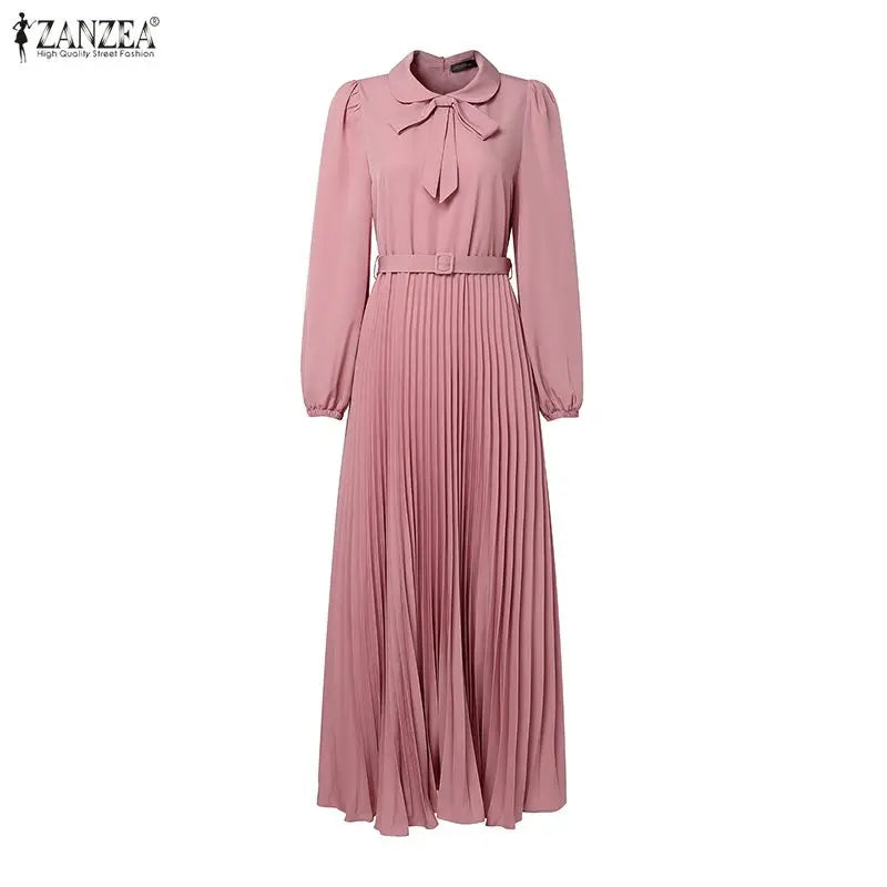 Long Lantern Sleeve Pleated Sundress Belted Robe Femme