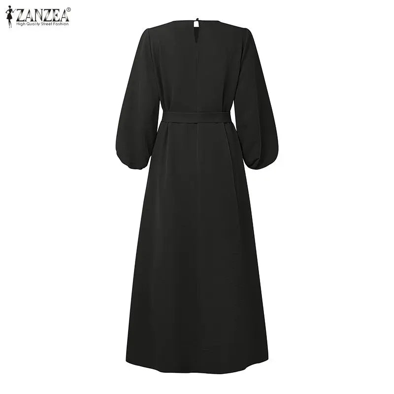 Long Dresses Modest Elegant  Sleeve Belted Crinkled Abaya