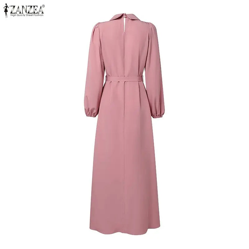 Long Lantern Sleeve Pleated Sundress Belted Robe Femme