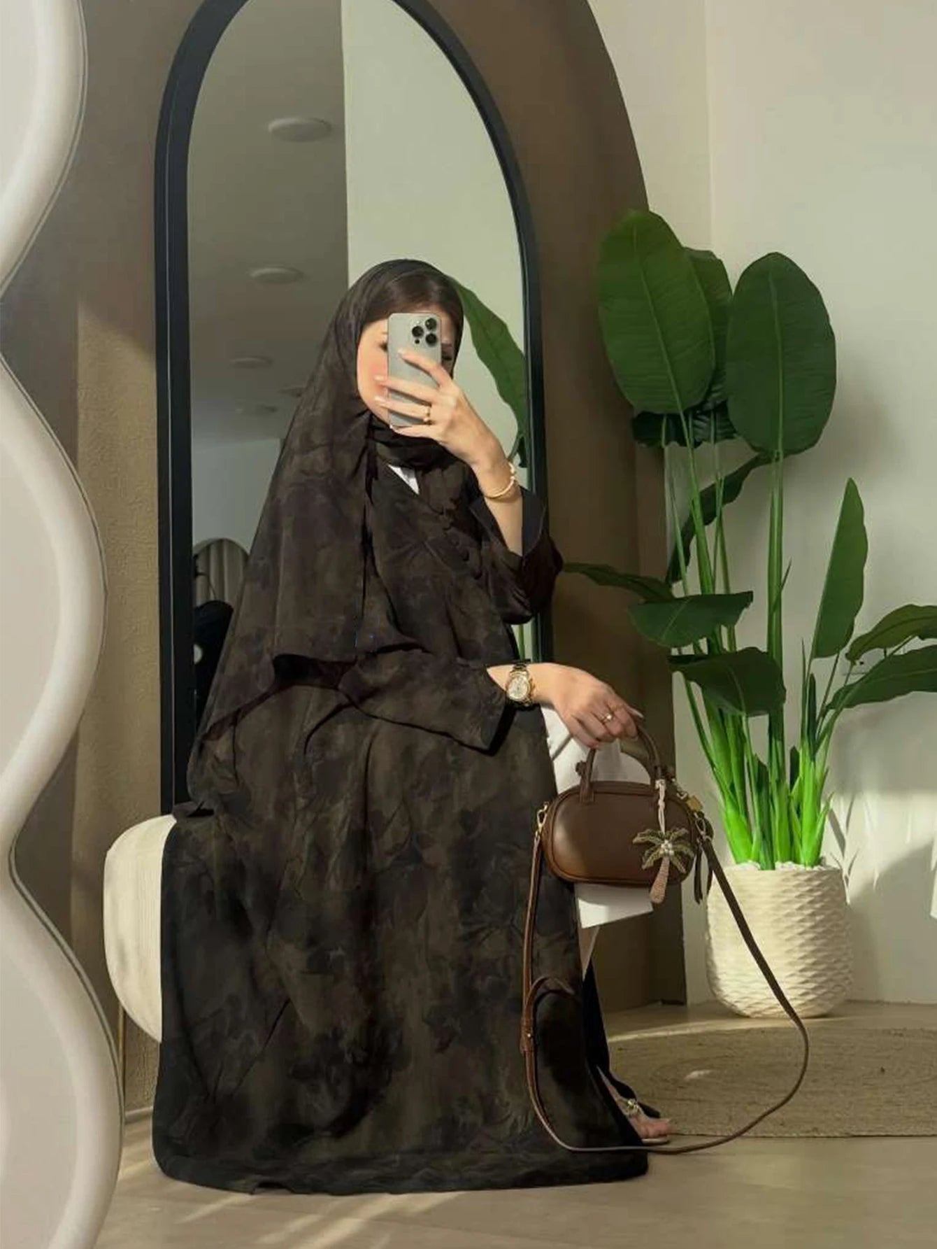 Long-Sleeved Loose-Fitting Printed Elegant Abaya with Headscarf