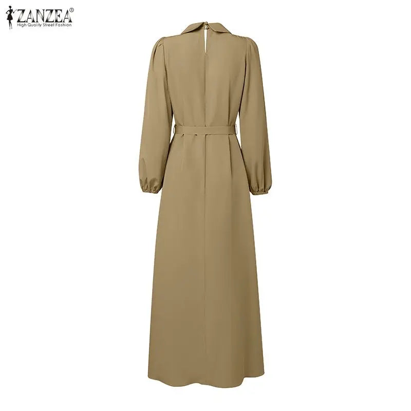 Long Lantern Sleeve Pleated Sundress Belted Robe Femme