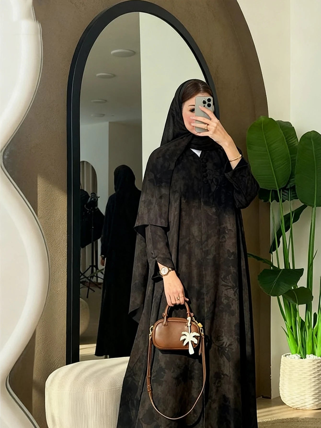 Long-Sleeved Loose-Fitting Printed Elegant Abaya with Headscarf