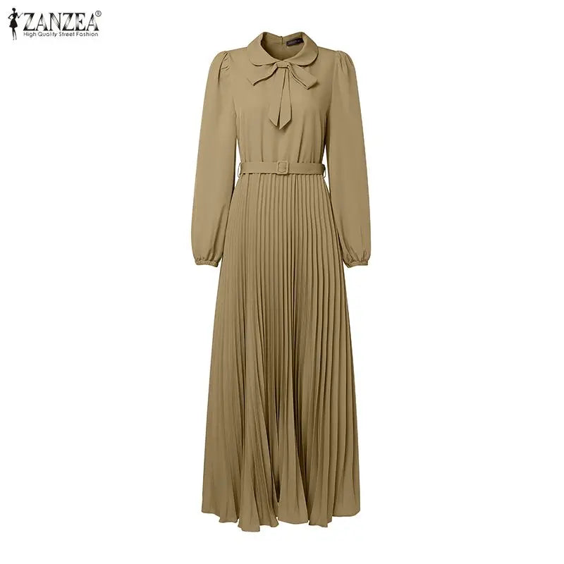 Long Lantern Sleeve Pleated Sundress Belted Robe Femme