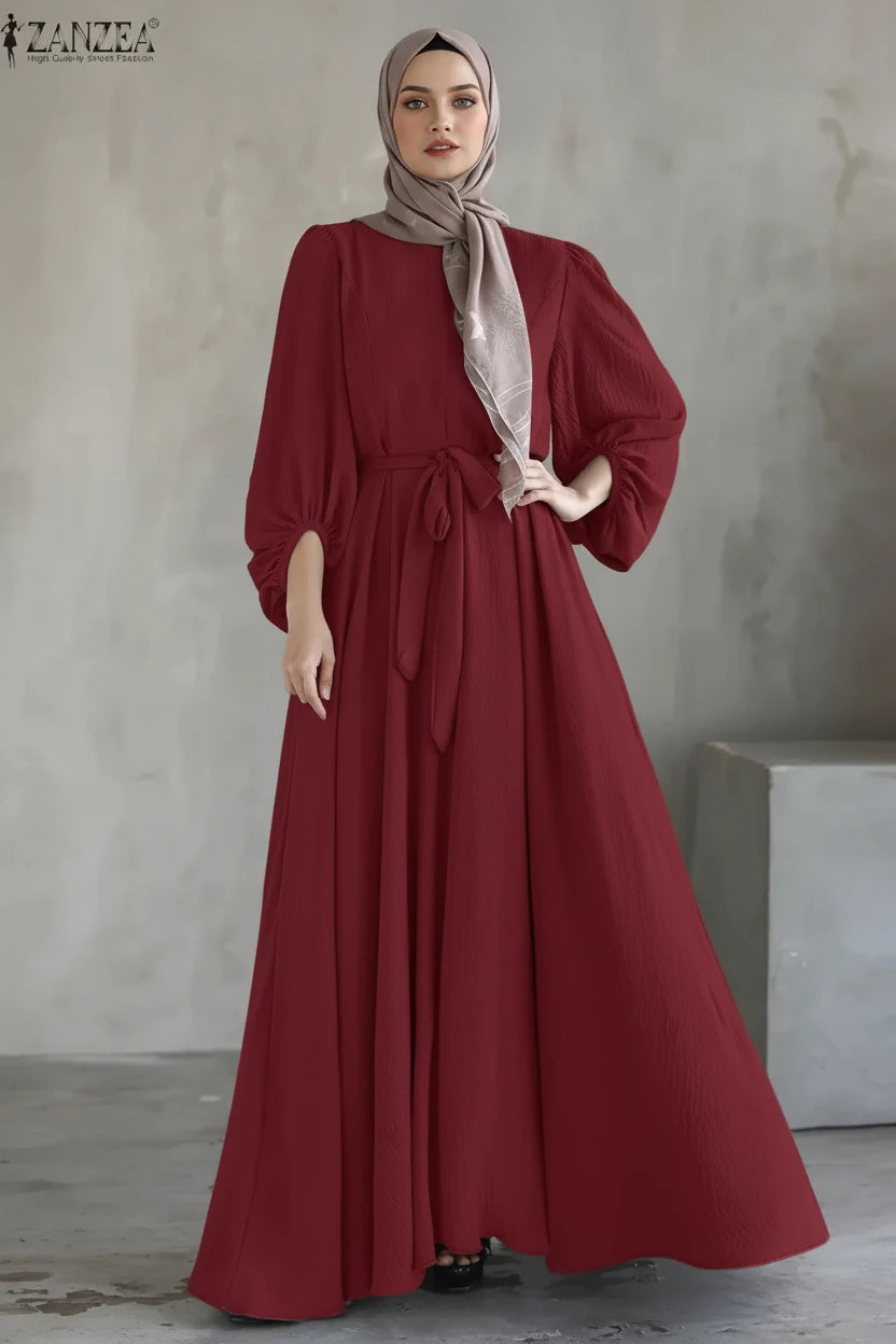 Long Dresses Modest Elegant  Sleeve Belted Crinkled Abaya