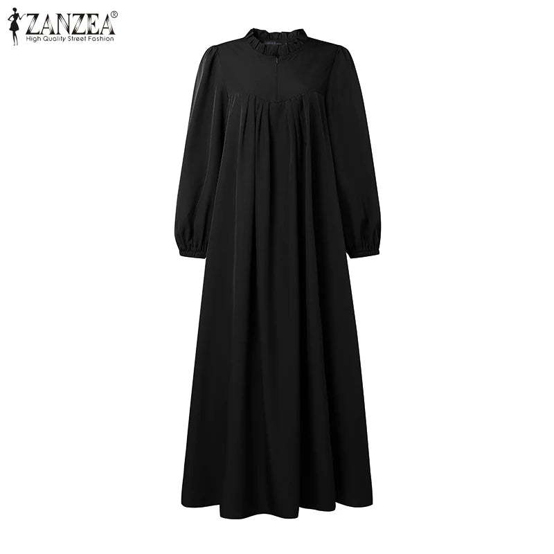 Abaya Robes Long Sleeve Ruffled Neck Solid Color