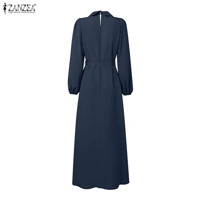 Long Lantern Sleeve Pleated Sundress Belted Robe Femme