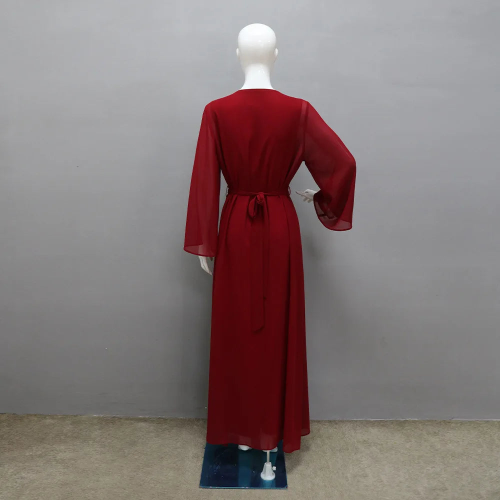 Long Sleeve Chiffon Cardigan Dress and Vest 2ps