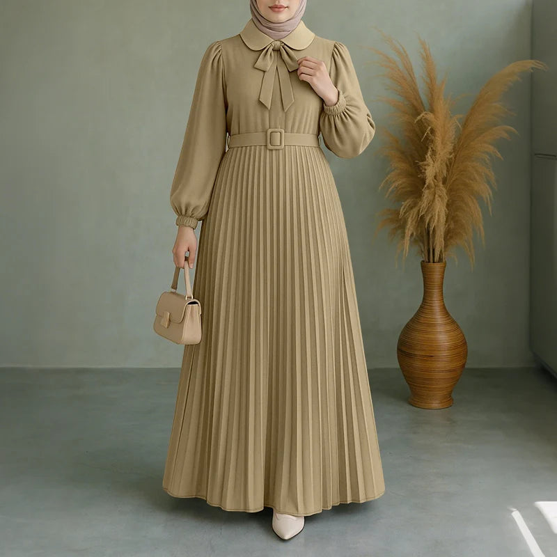 Long Lantern Sleeve Pleated Sundress Belted Robe Femme