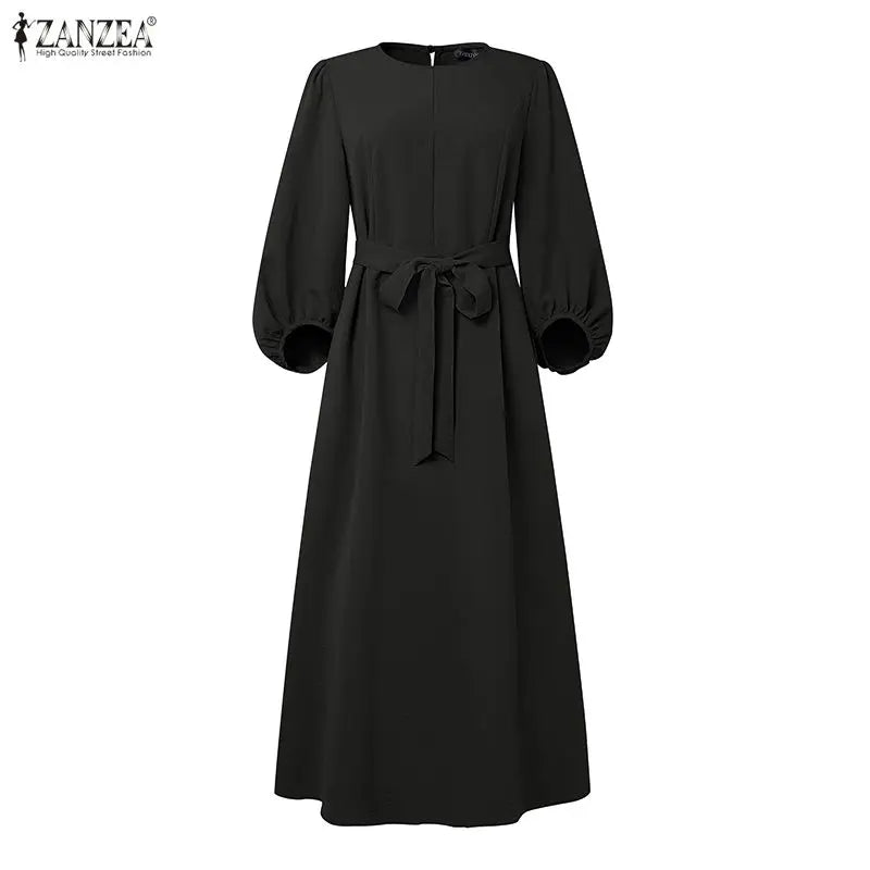 Long Dresses Modest Elegant  Sleeve Belted Crinkled Abaya