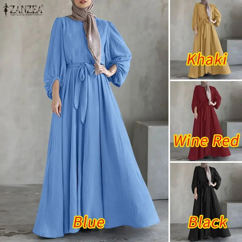 Long Dresses Modest Elegant  Sleeve Belted Crinkled Abaya