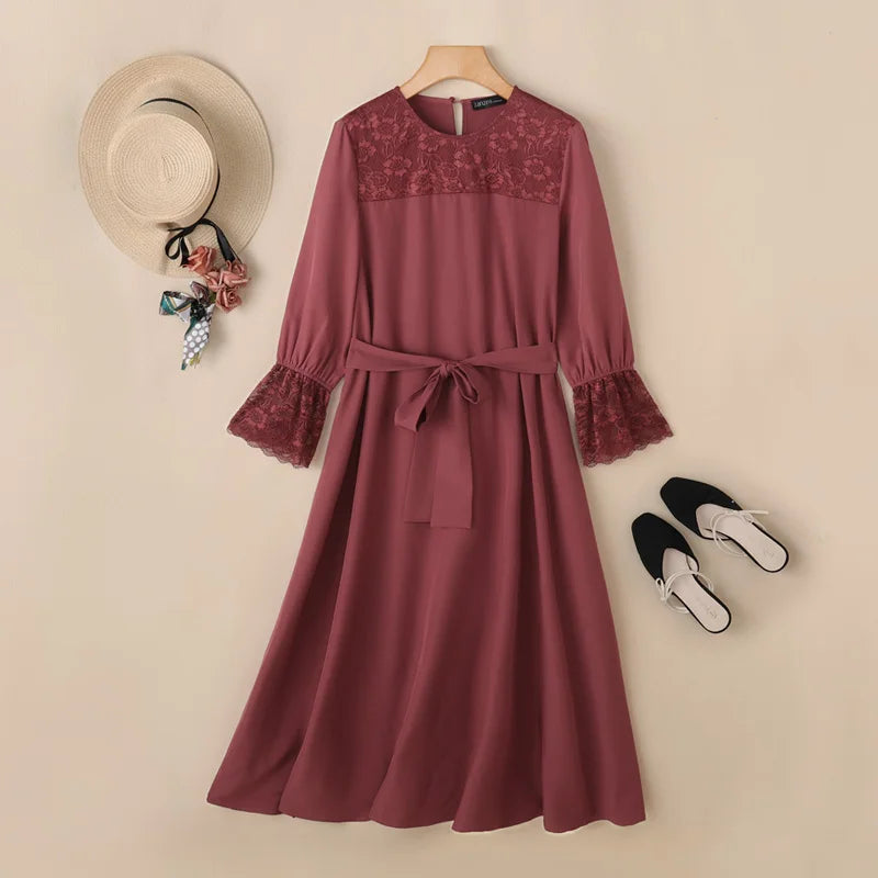 Elegant Dresses Lace Long Sleeve Belted