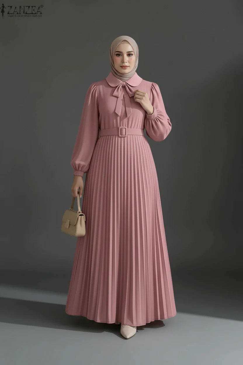Long Lantern Sleeve Pleated Sundress Belted Robe Femme