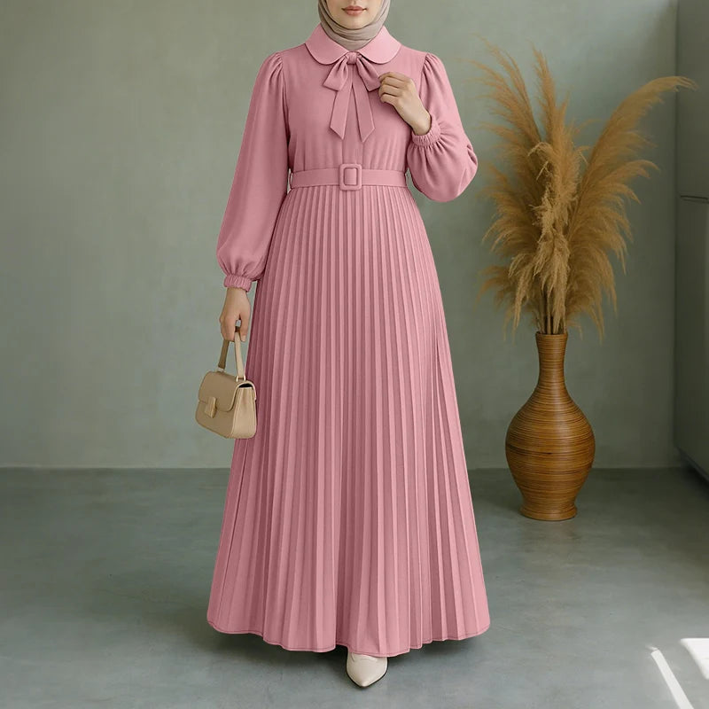 Long Lantern Sleeve Pleated Sundress Belted Robe Femme