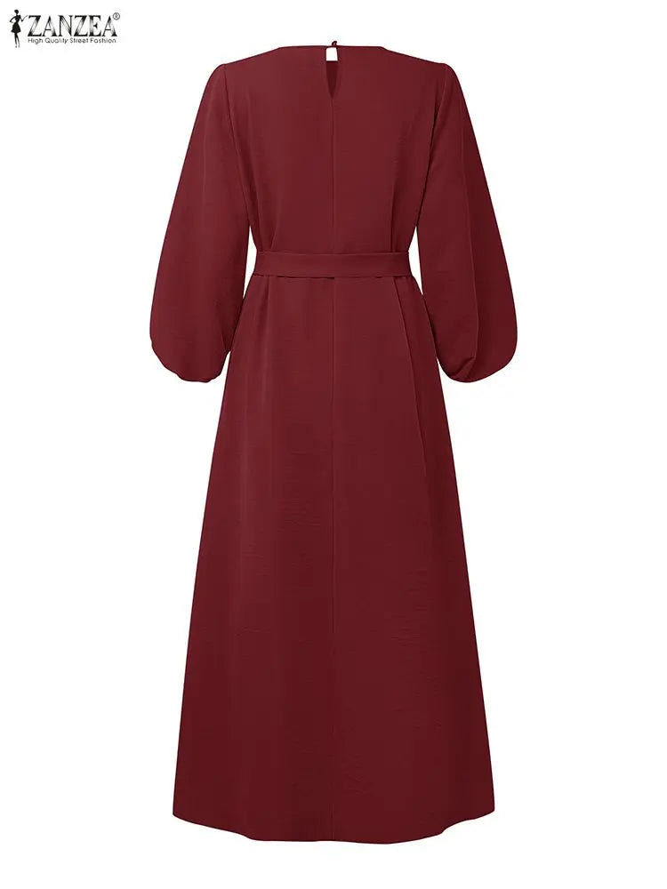 Long Dresses Modest Elegant  Sleeve Belted Crinkled Abaya