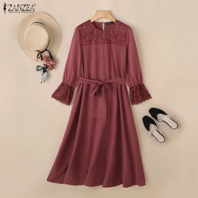 Elegant Dresses Lace Long Sleeve Belted