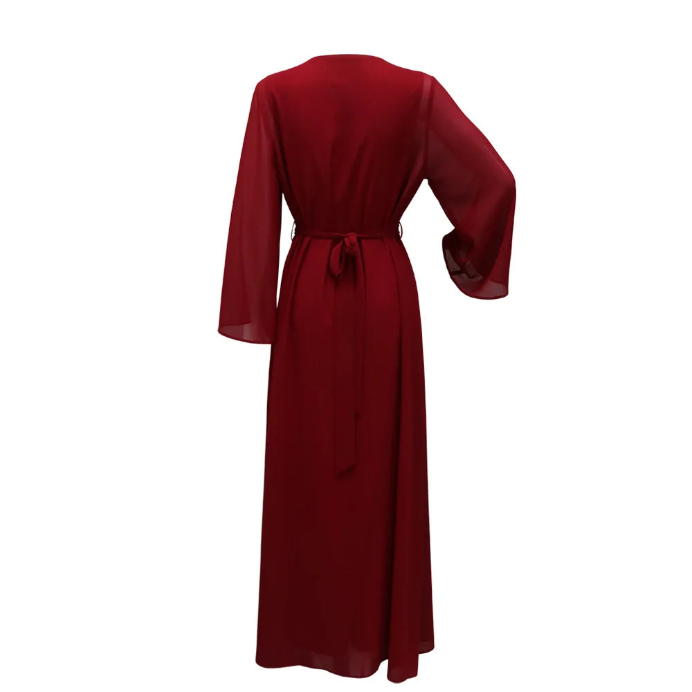 Long Sleeve Chiffon Cardigan Dress and Vest 2ps