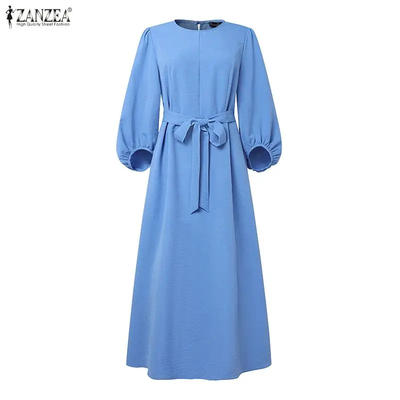Long Dresses Modest Elegant  Sleeve Belted Crinkled Abaya