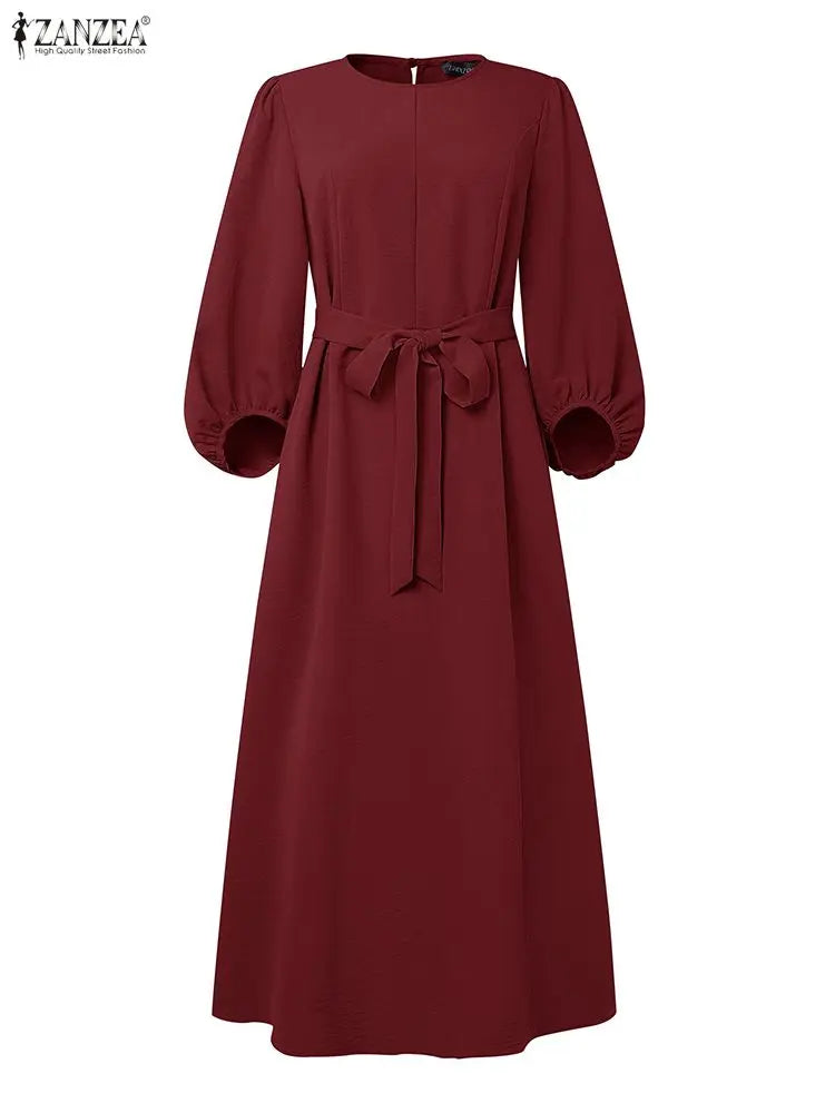Long Dresses Modest Elegant  Sleeve Belted Crinkled Abaya
