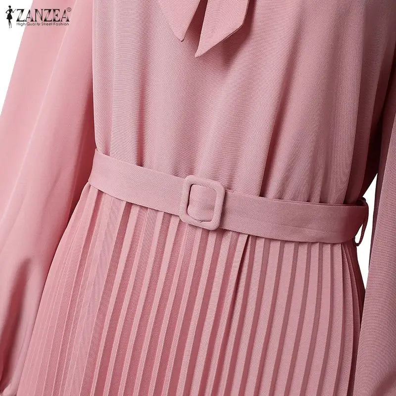 Long Lantern Sleeve Pleated Sundress Belted Robe Femme