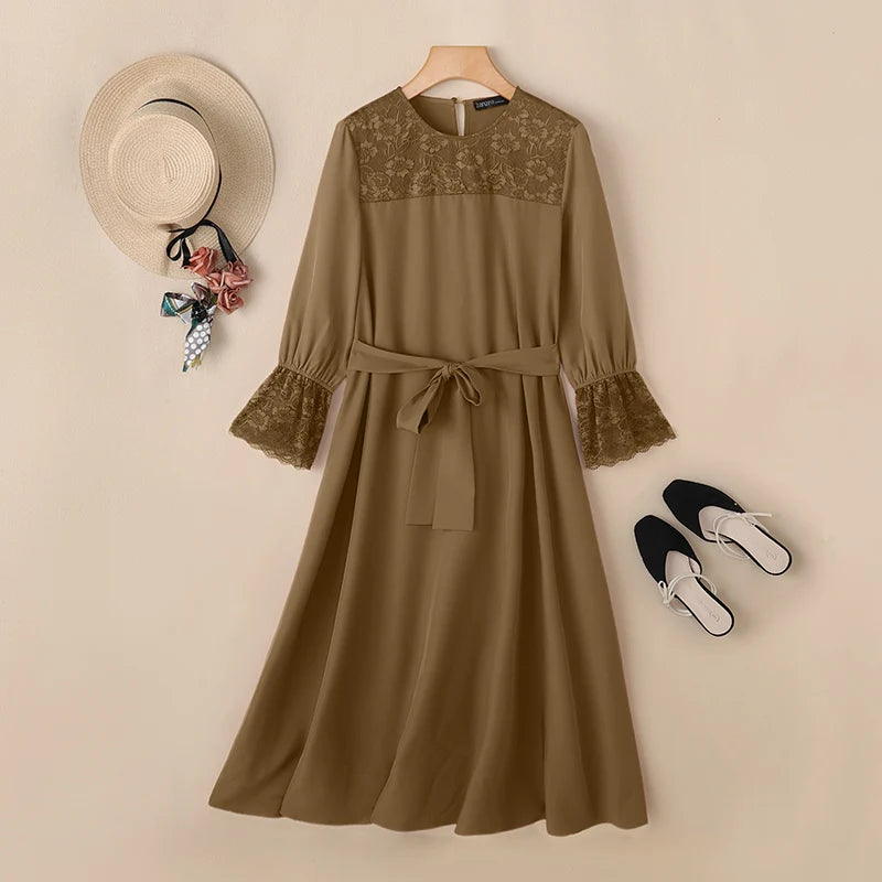 Elegant Dresses Lace Long Sleeve Belted