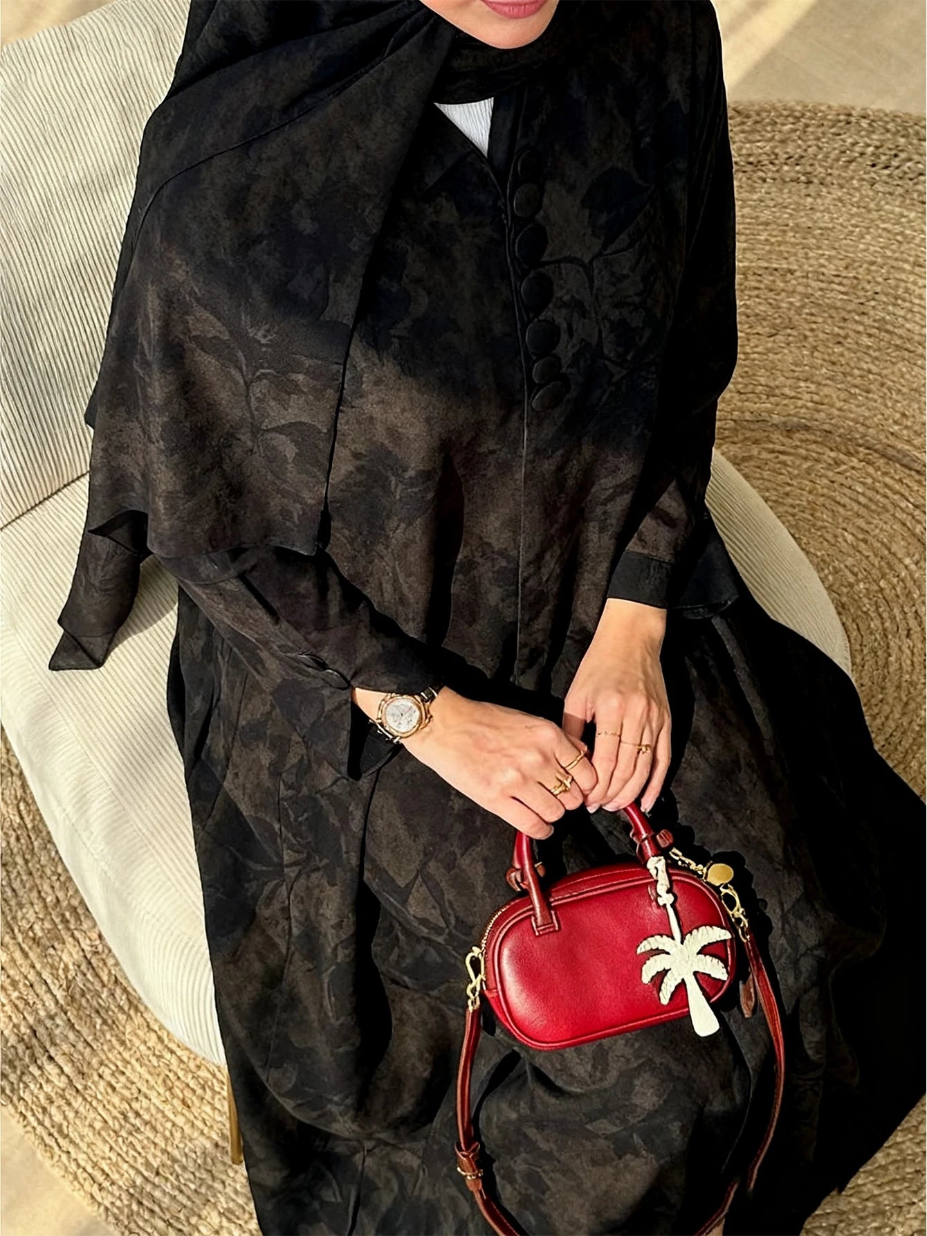 Long-Sleeved Loose-Fitting Printed Elegant Abaya with Headscarf