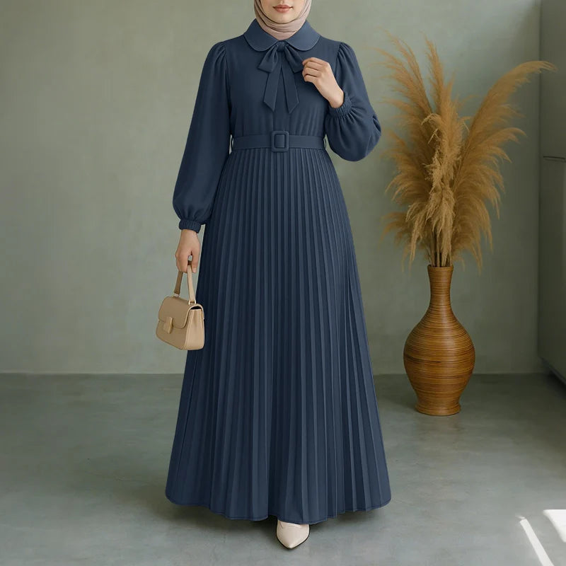 Long Lantern Sleeve Pleated Sundress Belted Robe Femme