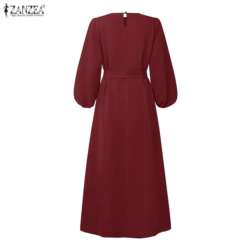 Long Dresses Modest Elegant  Sleeve Belted Crinkled Abaya