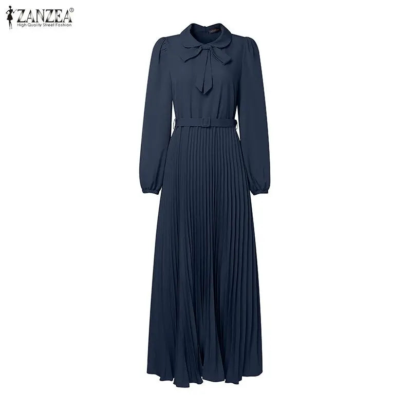 Long Lantern Sleeve Pleated Sundress Belted Robe Femme