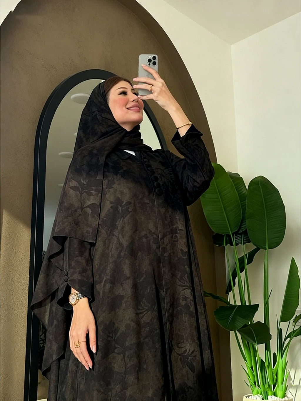 Long-Sleeved Loose-Fitting Printed Elegant Abaya with Headscarf