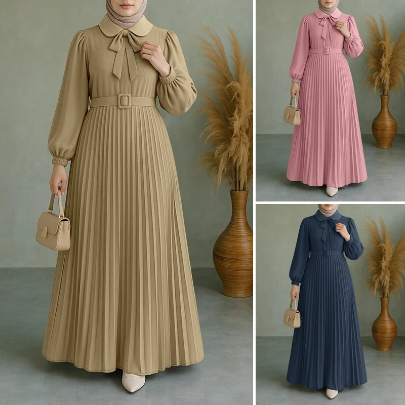 Long Lantern Sleeve Pleated Sundress Belted Robe Femme